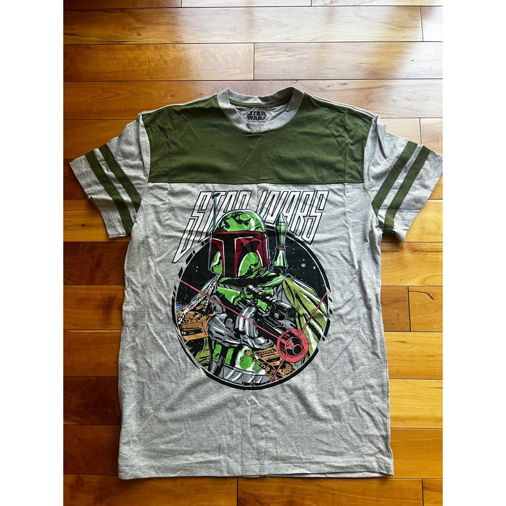 Star Wars Boba Fett Graphic T-Shirt Fifth Sun Gray Green Varsity Stripe Mens M